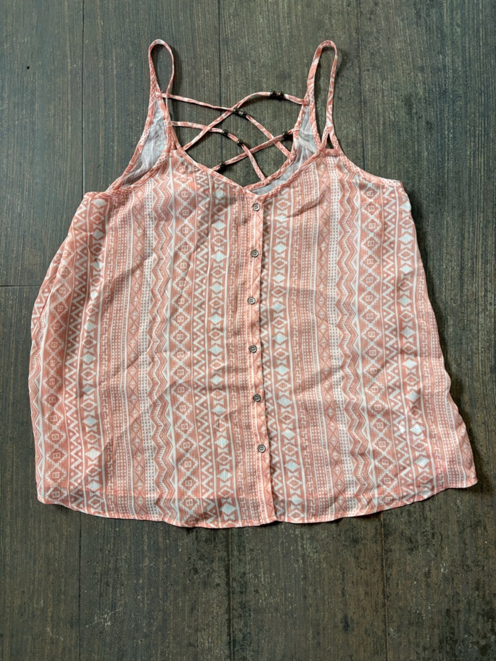 Maurice’s Pink Printed Button-Front Tank with Crisscross Beaded Back